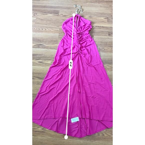 VERONICA BEARD chain-embellished ruched stretch-jersey halterneck maxi dress  M - Picture 5 of 11